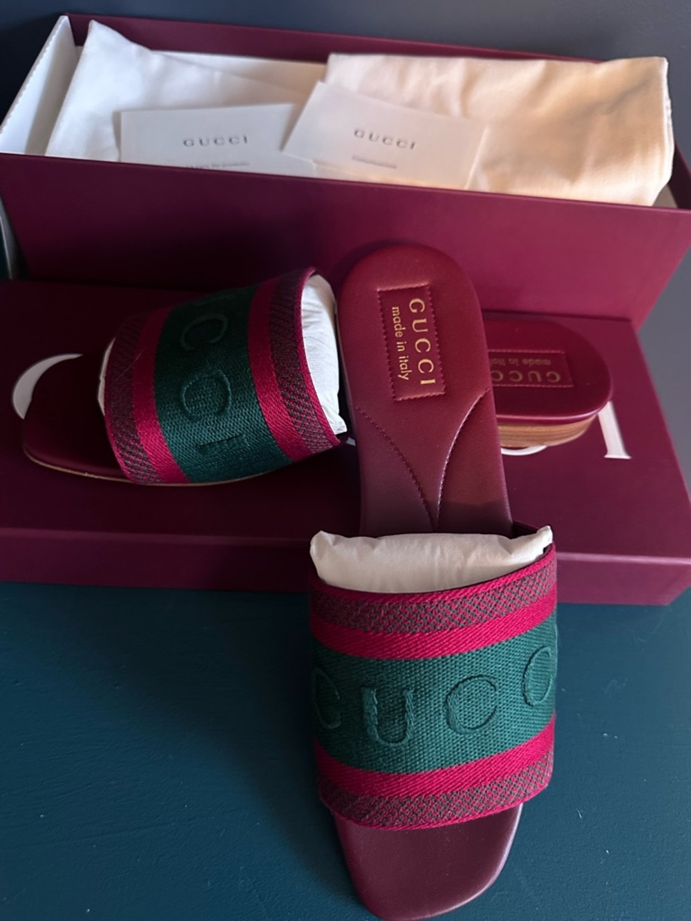 Gucci Burgundy Slides with Red and Green Web Stripe - Picture 4 of 13